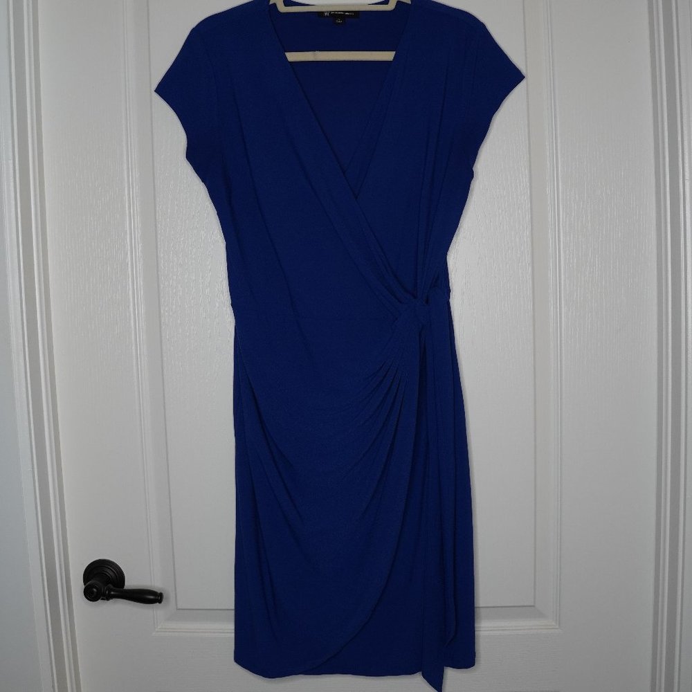 INC International Concepts petite-large faux-wrap V-neck dress in stunning blue